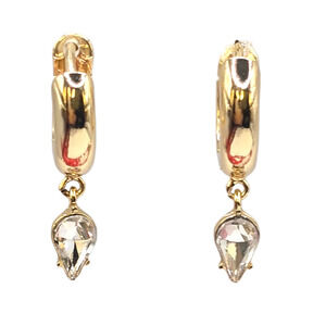 Small Gold Tone Huggie Hoop Earrings Womens Pear Shape Clear Crystal Dangle